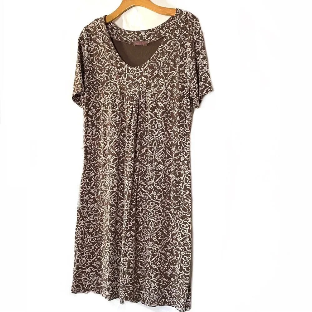 Fresh Produce Brown White Print Midi Dress Size M 8 10 Cotton Summer Casual